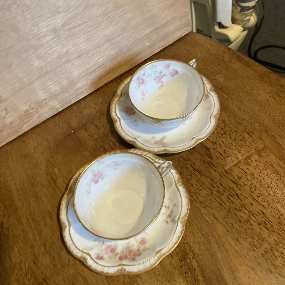 2 Antique Theodore Haviland Tea Cup Saucer Roses Limoge France